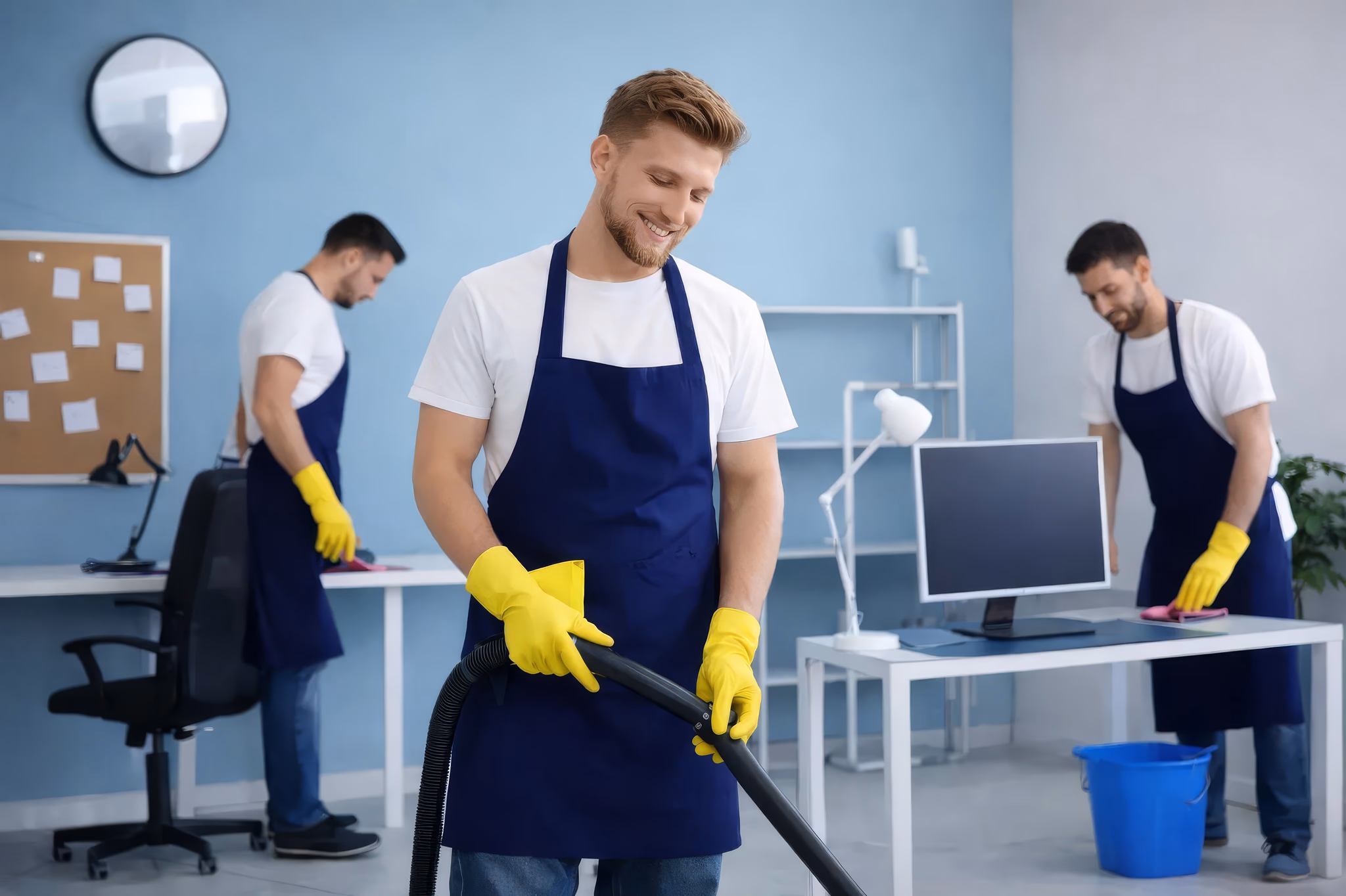 A professional cleaning crew working in an office; one man vacuums in the foreground while two others wipe down desks and equipment in the background.