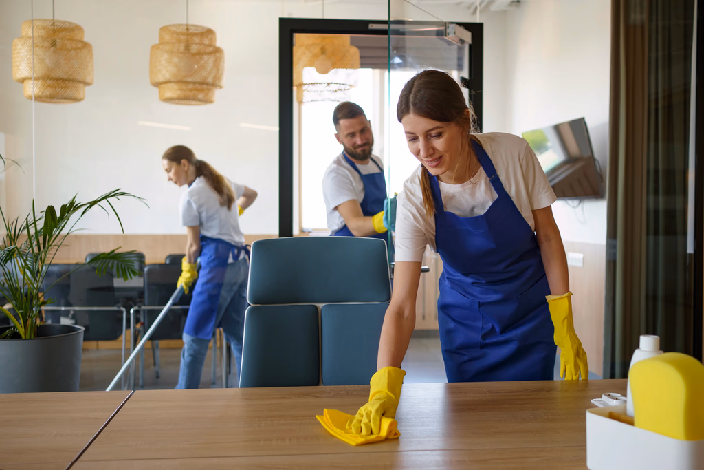 A team of professional cleaners in blue aprons and yellow gloves diligently wiping surfaces and vacuuming a bright, modern office space.