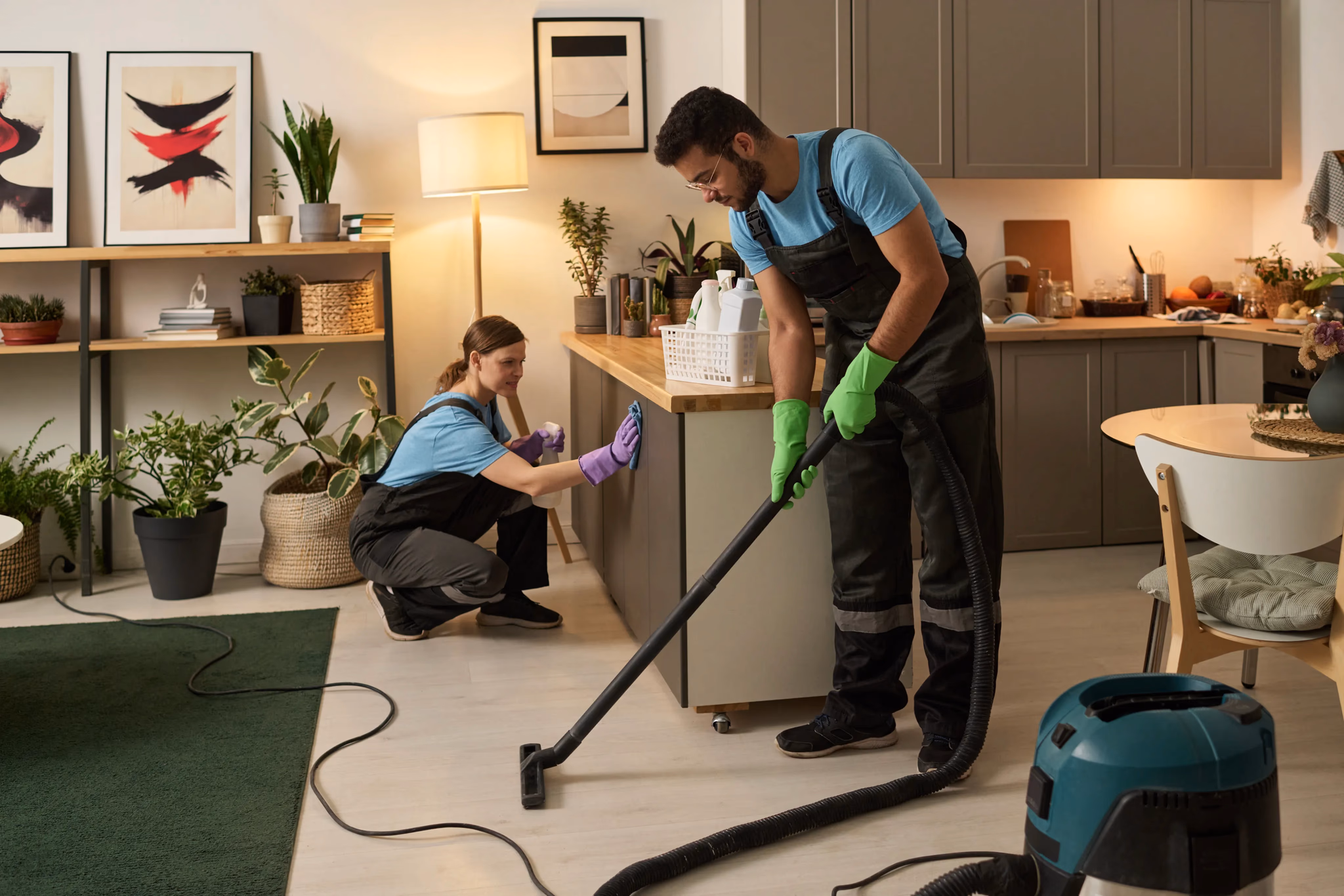 A cleaning team performing a detailed deep clean in a residence, including wiping down kitchen counters and vacuuming hard-to-reach floor areas.