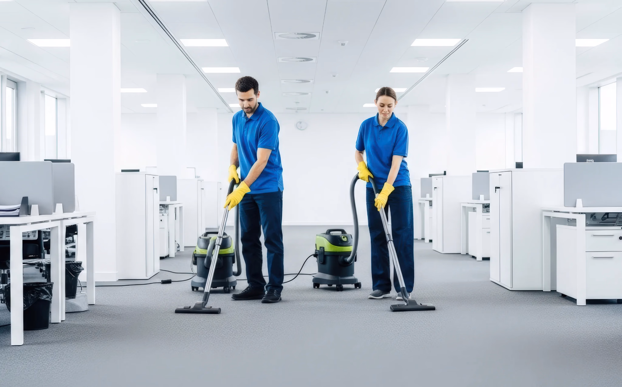 Two janitors using industrial vacuum cleaners to maintain a large, open-plan office space, highlighting professional commercial cleaning solutions.