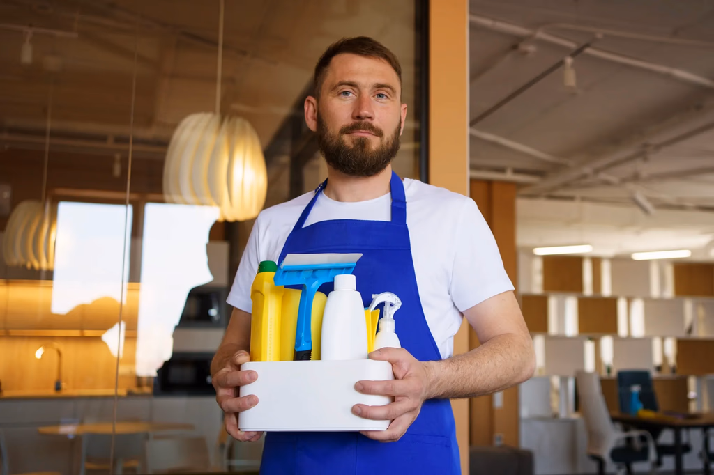 A bearded male professional cleaner in a blue apron standing in an office environment, holding a white container organized with yellow and white cleaning products and a squeegee.