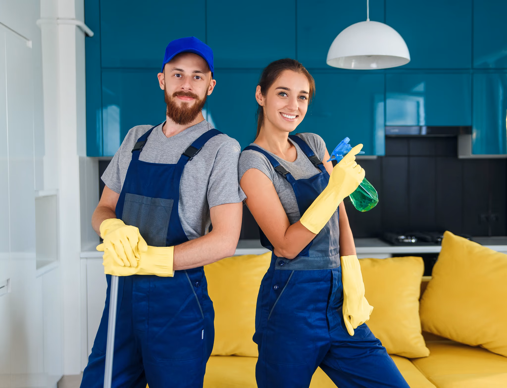 Two cheerful cleaning service professionals posing together in uniform and yellow gloves in a clean, contemporary apartment kitchen.